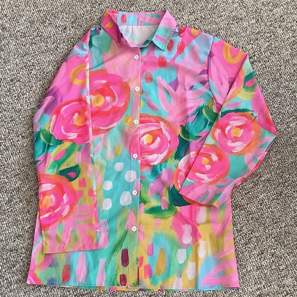 Vibrant Painterly Floral Button-Up Blouse - Pink, Turquoise & Yellow